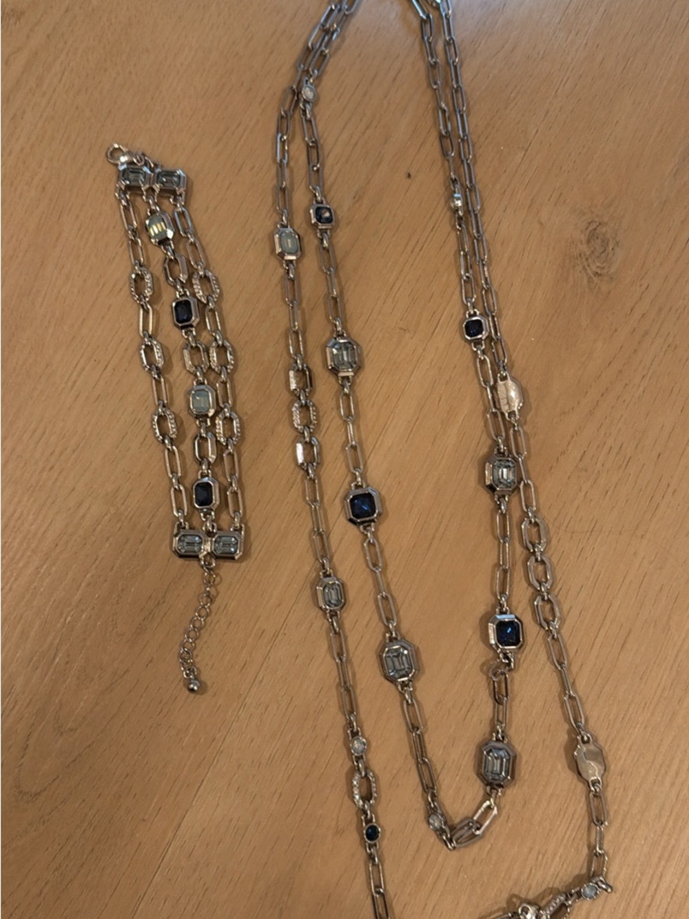 Gold-Tone Long Necklace and Bracelet Set with Blue and Clear Stones